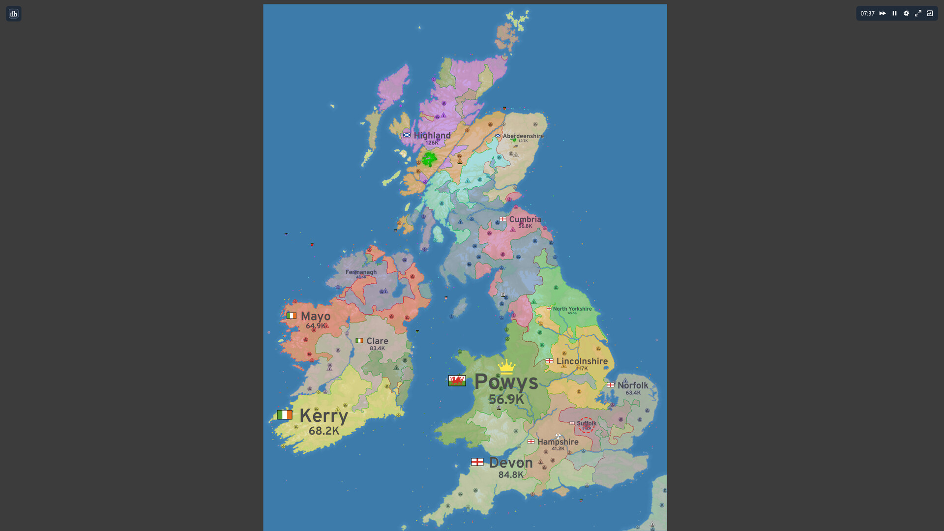 OpenFront match on a labelled map of the British Isles with coloured territories