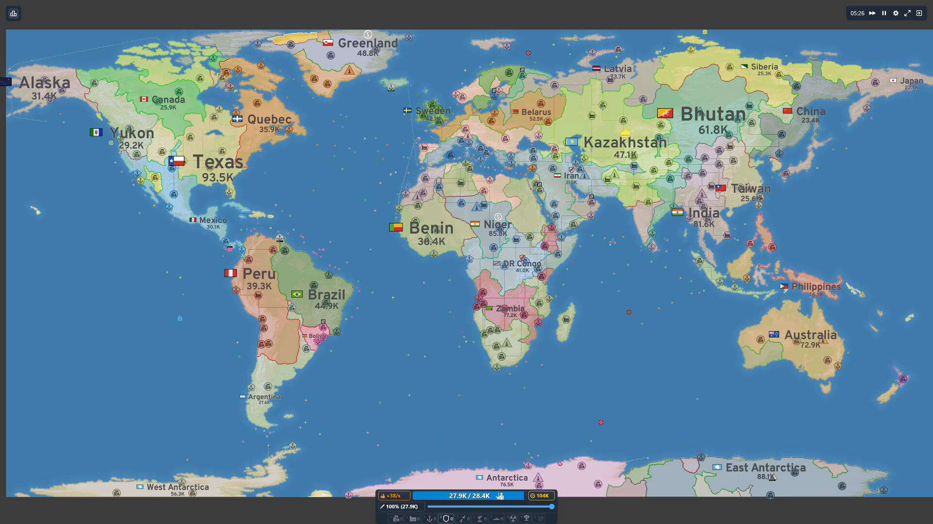 OpenFront world map with many countries claimed by different players