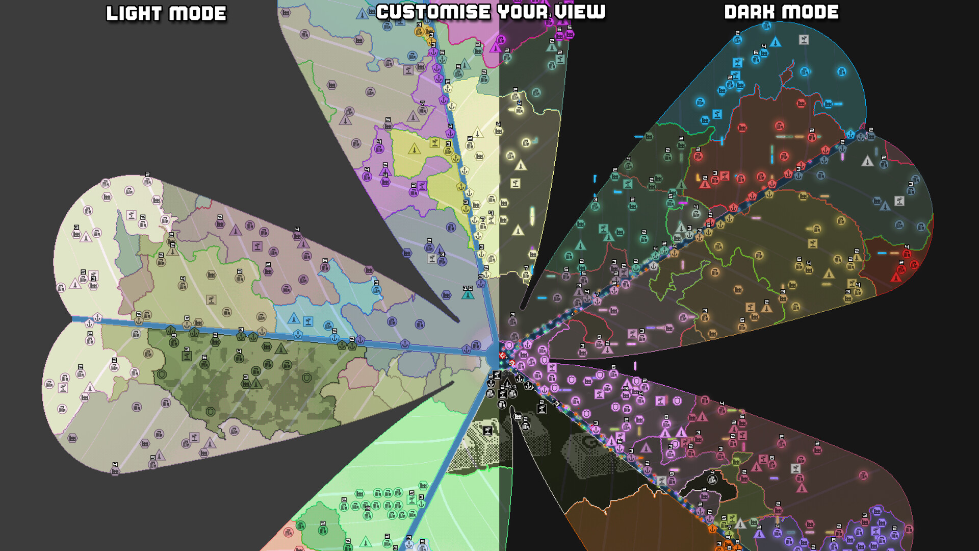 OpenFront view customisation screen comparing light and dark map themes