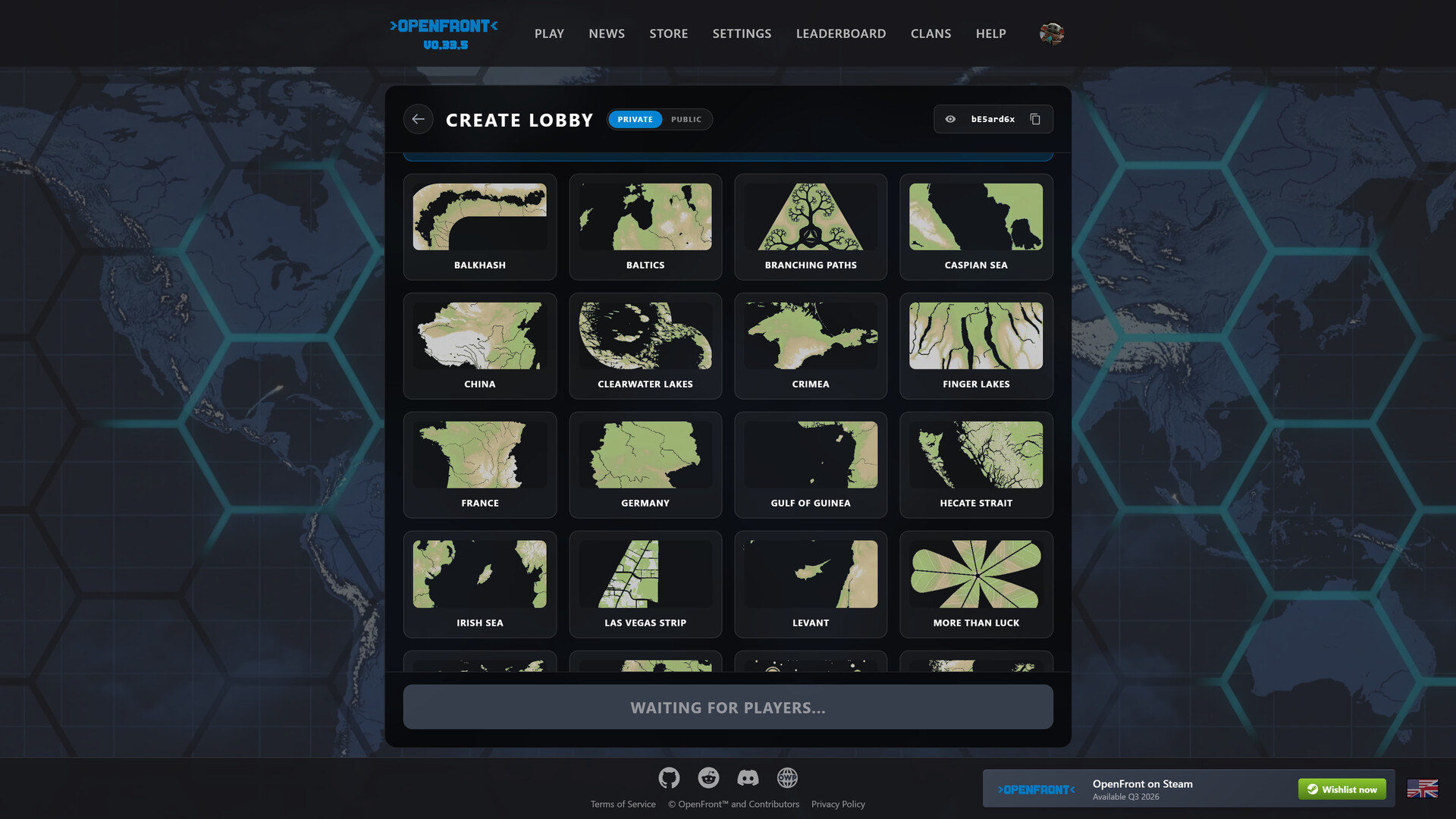 OpenFront lobby map selection list with map thumbnails