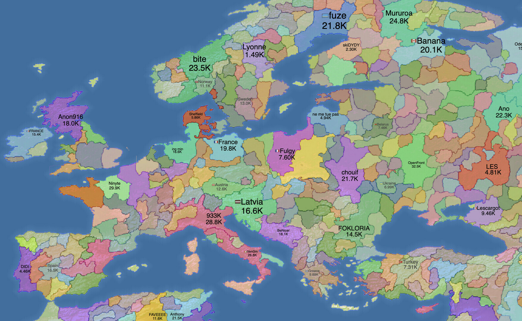 Dense OpenFront match across Europe with player names and army scores