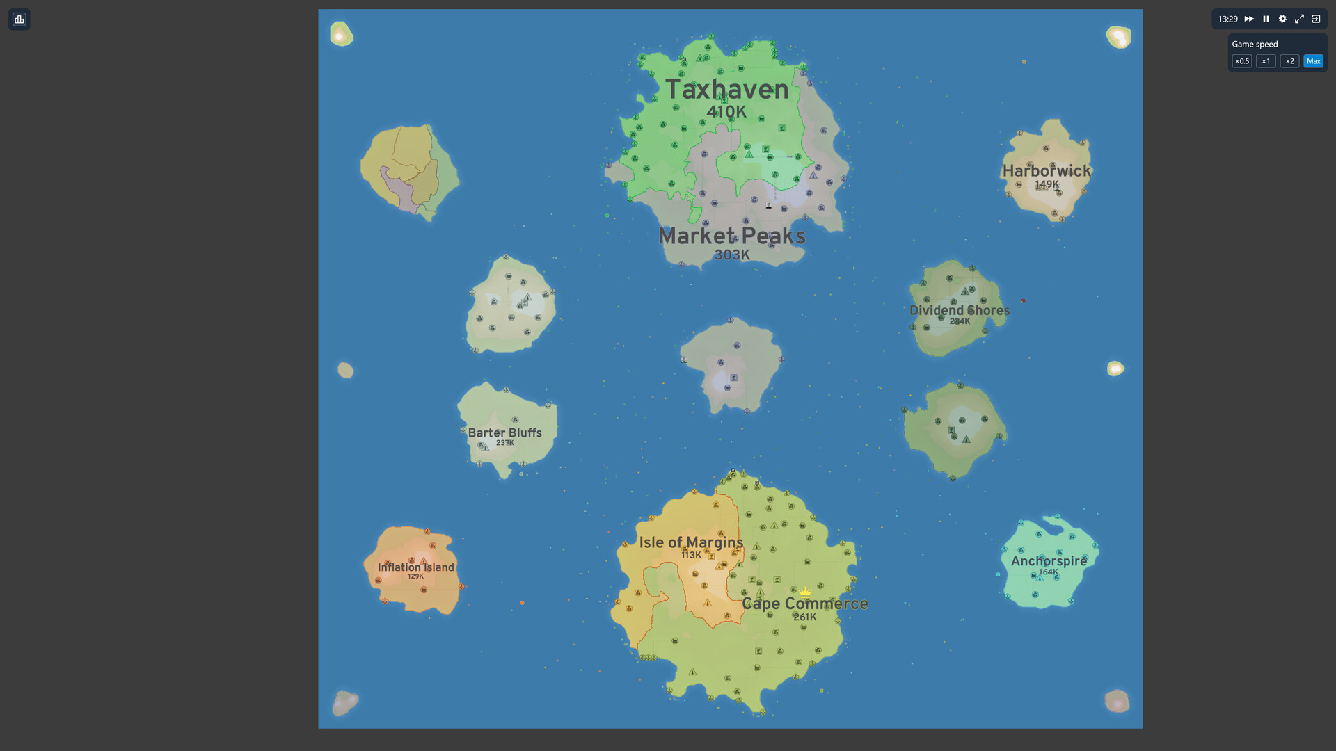 OpenFront match map with territory borders, cities and army counts